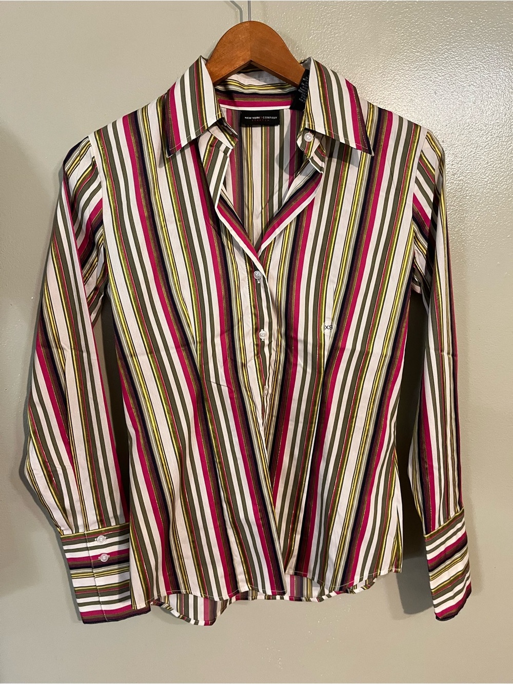 New York Company Pink, White & Olive Striped Button-Down Shirt Y2K XS NWT